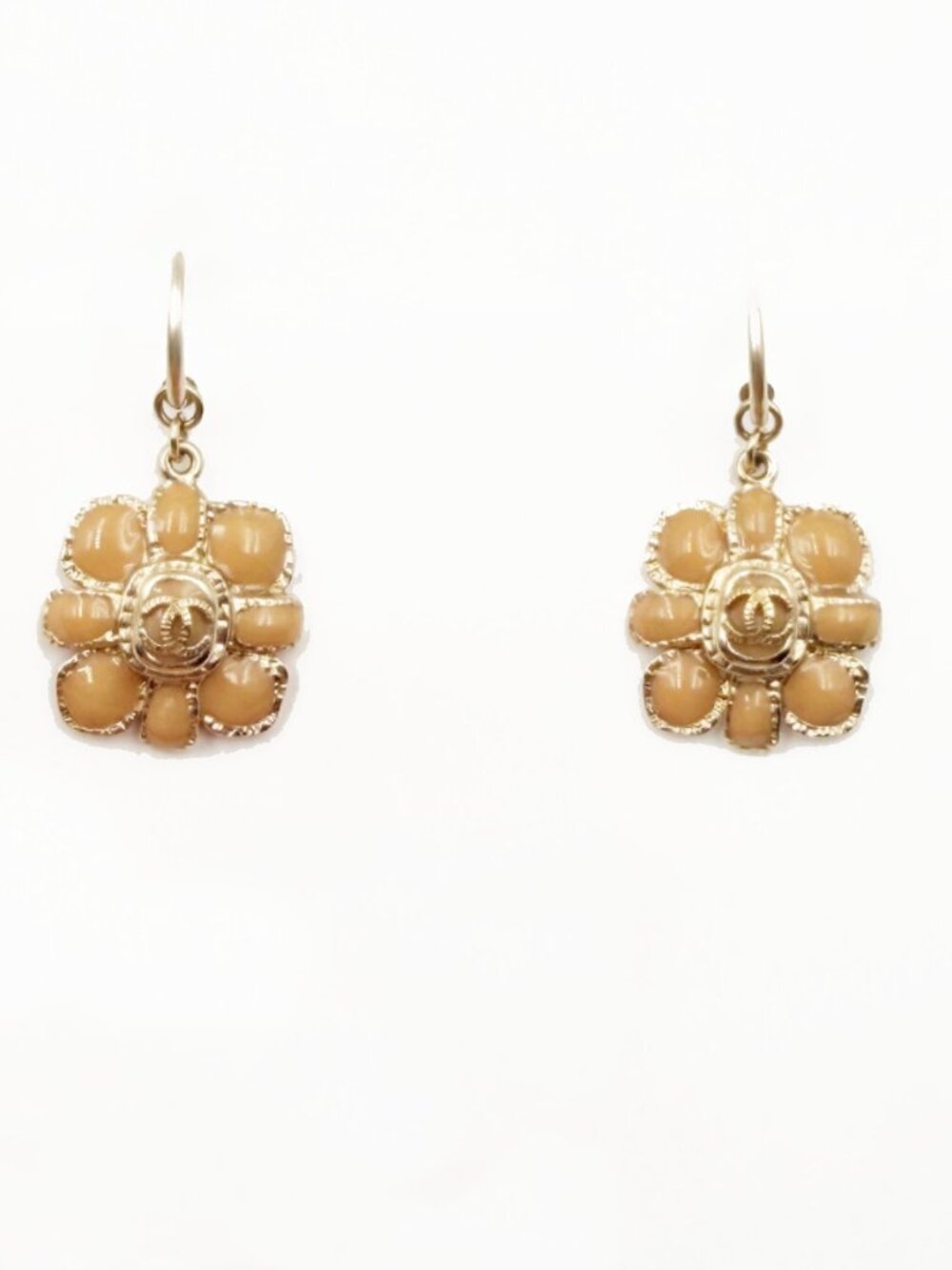 Chanel Gold CC Peach Flower Dangle Hoop Piercing Earrings